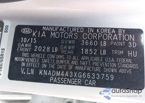 2016 Kia Rio Lx из США, поврежденный, VIN KNADM4A3XG6633759